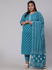 Women Plus Size Blue Printed Straight Kurta With Palazo & Dupatta