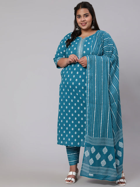 Women Plus Size Blue Printed Straight Kurta With Palazo & Dupatta