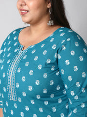 Women Plus Size Blue Printed Straight Kurta With Palazo & Dupatta