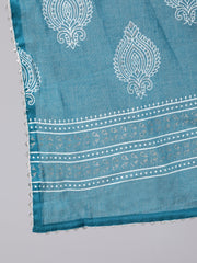 Women Plus Size Blue Printed Straight Kurta With Palazo & Dupatta