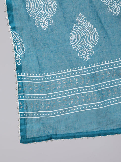 Women Plus Size Blue Printed Straight Kurta With Palazo & Dupatta