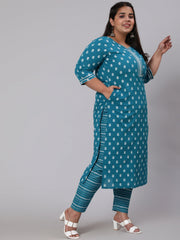 Women Plus Size Blue Printed Straight Kurta With Palazo & Dupatta