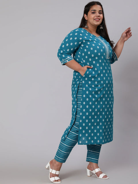 Women Plus Size Blue Printed Straight Kurta With Palazo & Dupatta