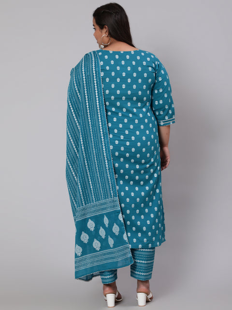 Women Plus Size Blue Printed Straight Kurta With Palazo & Dupatta