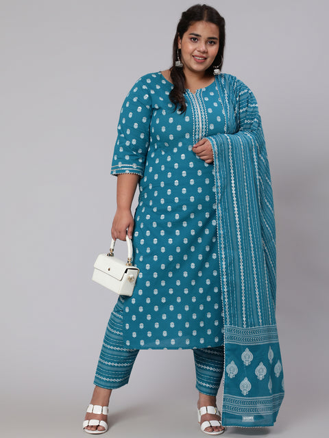 Women Plus Size Blue Printed Straight Kurta With Palazo & Dupatta