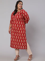Plus Size Women Red & Beige Printed Straight kurta with Three Quarters Sleeves