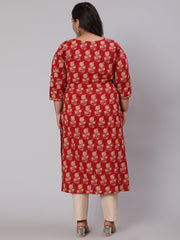 Plus Size Women Red & Beige Printed Straight kurta with Three Quarters Sleeves