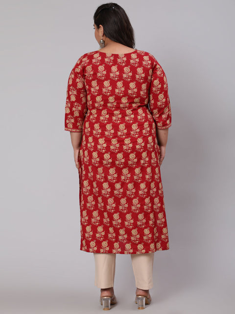 Plus Size Women Red & Beige Printed Straight kurta with Three Quarters Sleeves