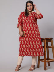 Plus Size Women Red & Beige Printed Straight kurta with Three Quarters Sleeves