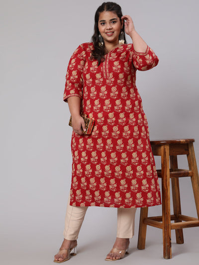 Plus Size Women Red & Beige Printed Straight kurta with Three Quarters Sleeves