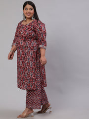 Women Plus Size Maroon Printed Kurta And Palazzo With Dupatta