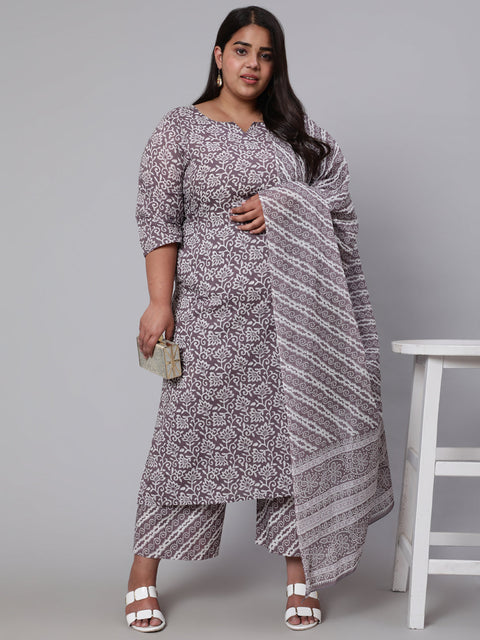 Women Plus Size Grey Printed Kurta And Palazzo With Dupatta