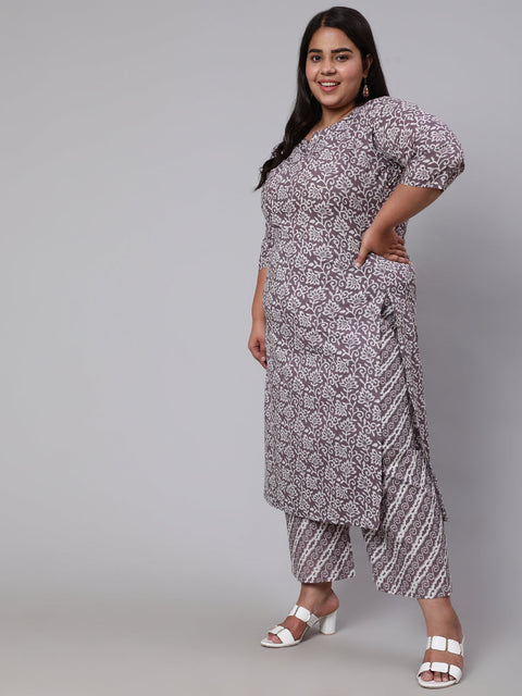 Women Plus Size Grey Printed Kurta And Palazzo With Dupatta