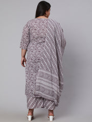 Women Plus Size Grey Printed Kurta And Palazzo With Dupatta