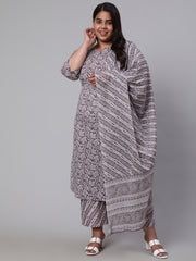 Women Plus Size Grey Printed Kurta And Palazzo With Dupatta