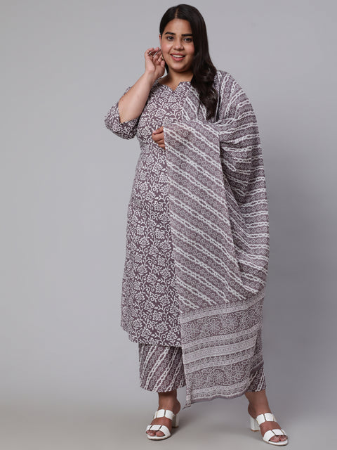 Women Plus Size Grey Printed Kurta And Palazzo With Dupatta