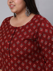 Plus Size Women  Maroon Printed Straight kurta with Three Quarters Sleeves