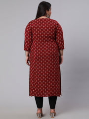 Plus Size Women  Maroon Printed Straight kurta with Three Quarters Sleeves