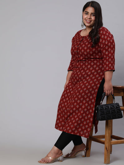 Plus Size Women  Maroon Printed Straight kurta with Three Quarters Sleeves