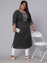 Women Plus Size Black Ethnic Printed straight Kurta