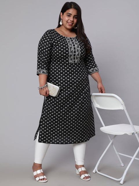 Women Plus Size Black Ethnic Printed straight Kurta