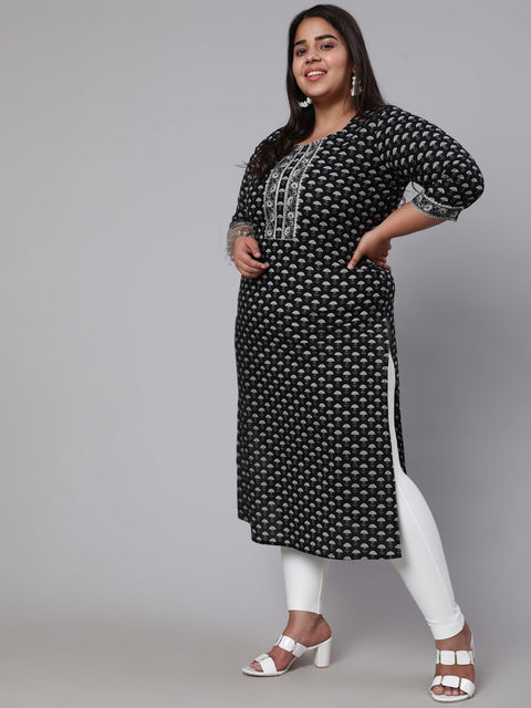 Women Plus Size Black Ethnic Printed straight Kurta