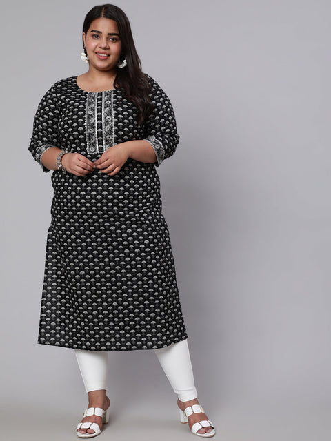 Women Plus Size Black Ethnic Printed straight Kurta