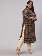 Plus Size Women  Brown Printed Straight kurta with Three Quarters Sleeves