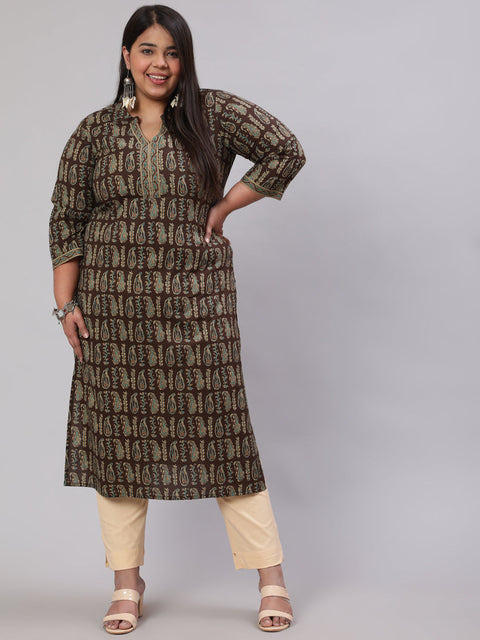 Plus Size Women  Dark Brown Printed Straight kurta with Three Quarters Sleeves