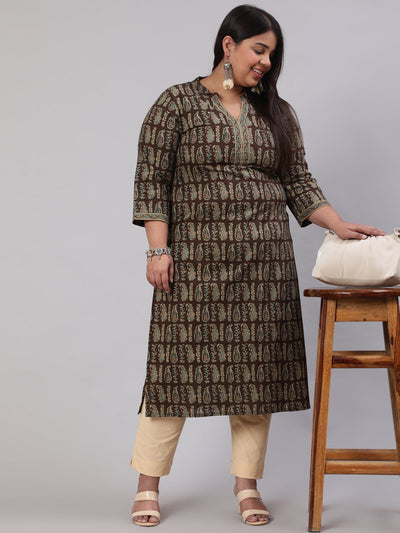 Plus Size Women  Dark Brown Printed Straight kurta with Three Quarters Sleeves