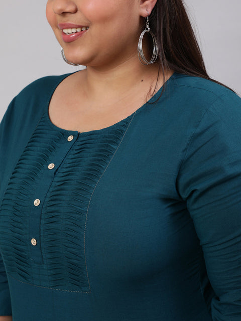 Plus Size Women  Teal Blue Printed Straight kurta with Three Quarters Sleeves