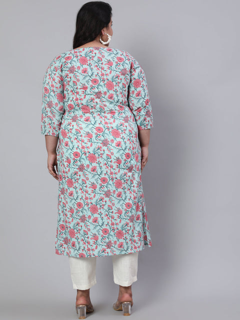 Plus Size Women Green Printed Straight kurta with Three Quarters Sleeves
