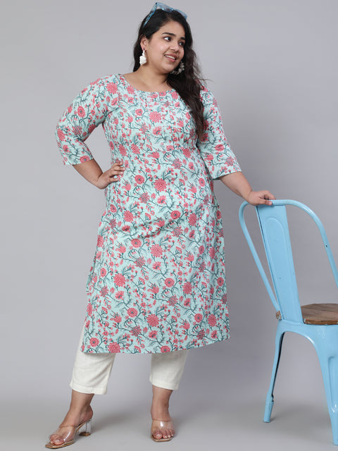 Plus Size Women Green Printed Straight kurta with Three Quarters Sleeves