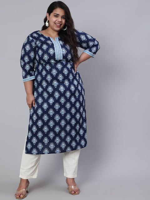 Plus Size Women Blue Printed Straight kurta with Three Quarters Sleeves