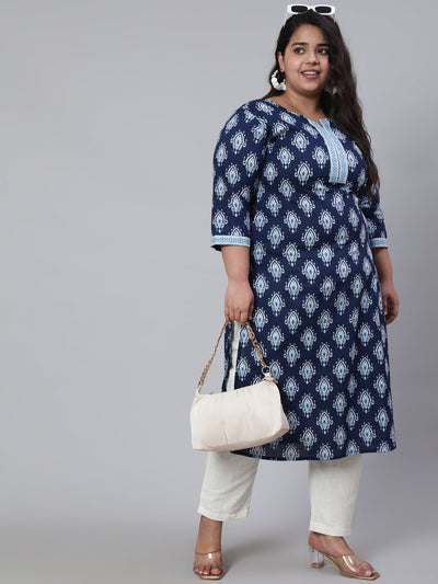 Plus Size Women Blue Printed Straight kurta with Three Quarters Sleeves
