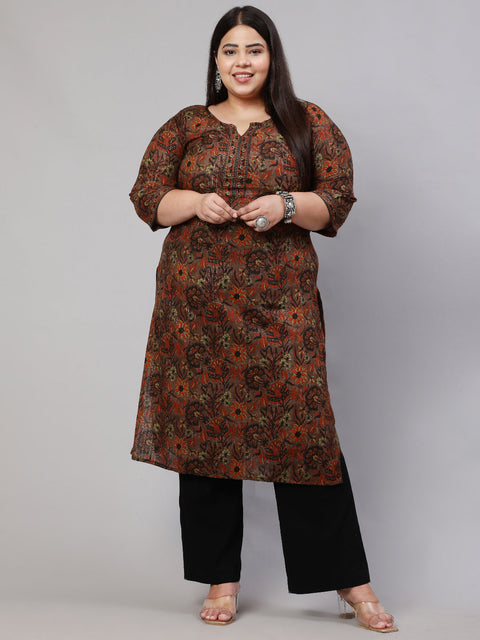 Women Plus Size Multi Printed Straight kurta with Three Quarters Sleeves