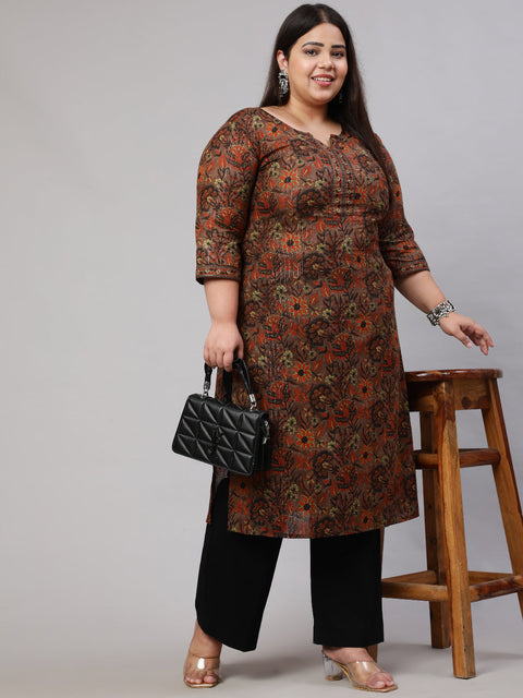 Women Plus Size Multi Printed Straight kurta with Three Quarters Sleeves