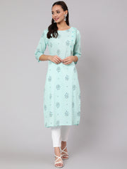 Women Powder Blue Calf Length Three-Quarter Sleeves Straight Floral Yoke Design Cotton Kurta