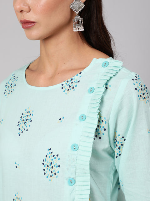 Women Powder Blue Calf Length Three-Quarter Sleeves Straight Floral Yoke Design Cotton Kurta