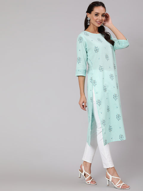 Women Powder Blue Calf Length Three-Quarter Sleeves Straight Floral Yoke Design Cotton Kurta