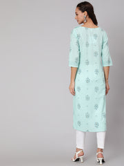 Women Powder Blue Calf Length Three-Quarter Sleeves Straight Floral Yoke Design Cotton Kurta