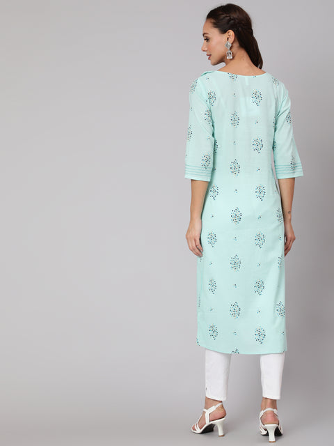 Women Powder Blue Calf Length Three-Quarter Sleeves Straight Floral Yoke Design Cotton Kurta