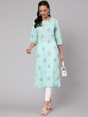 Women Powder Blue Calf Length Three-Quarter Sleeves Straight Floral Yoke Design Cotton Kurta