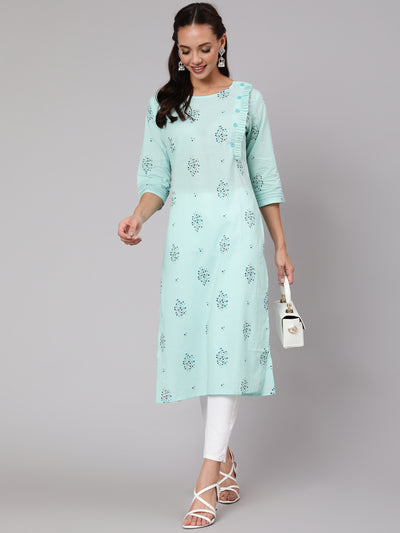 Women Powder Blue Calf Length Three-Quarter Sleeves Straight Floral Yoke Design Cotton Kurta
