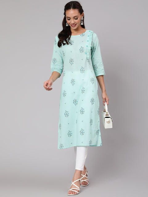 Women Powder Blue Calf Length Three-Quarter Sleeves Straight Floral Yoke Design Cotton Kurta