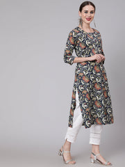 Women Navy Blue Floral Printed Straight Kurta With Three Quarter Sleeves