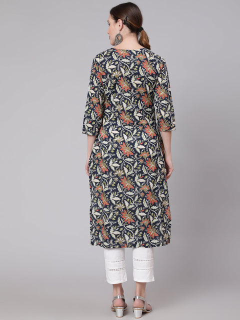 Women Navy Blue Floral Printed Straight Kurta With Three Quarter Sleeves