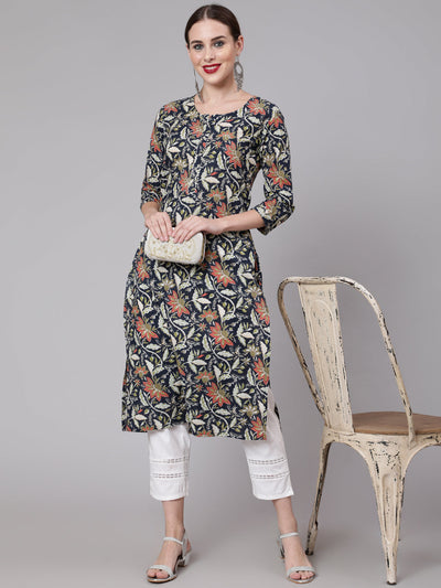 Women Navy Blue Floral Printed Straight Kurta With Three Quarter Sleeves