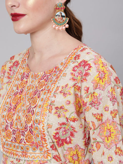 Women Multi Embroidered Printed Flared Dress With Three Quarter Sleeves