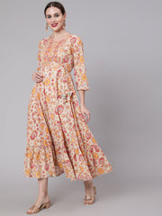 Women Multi Embroidered Printed Flared Dress With Three Quarter Sleeves